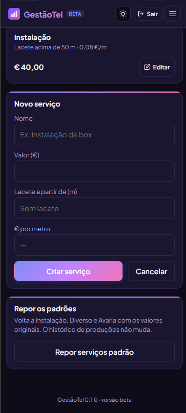 Ecrã de configurações: lista dos serviços do técnico, com o valor de cada um e a regra de lacete, e o botão para criar um serviço novo