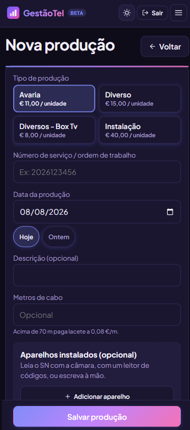Ecrã de nova produção: botões para escolher o tipo de trabalho, campo da ordem de serviço e atalhos para a data