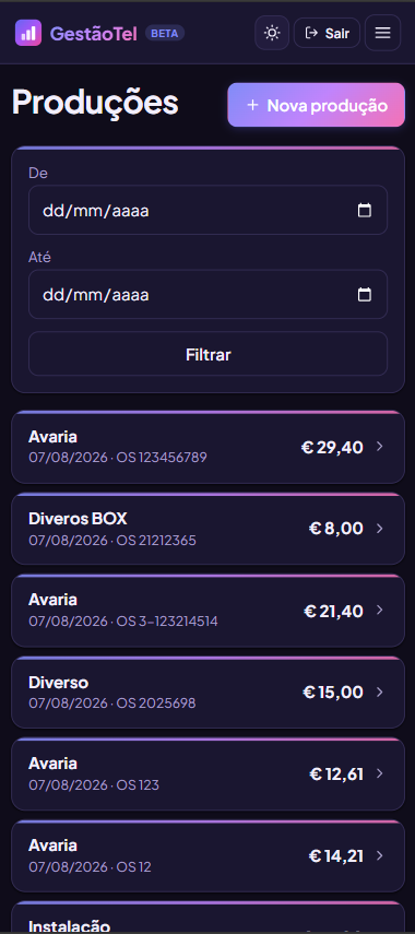 Lista de produções com data, ordem de serviço e valor de cada trabalho